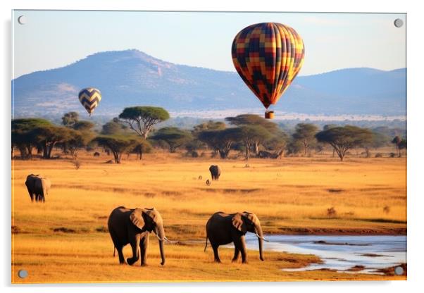 Hot air balloons over the African savannah. Acrylic by Michael Piepgras