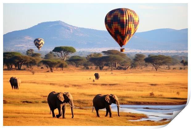 Hot air balloons over the African savannah. Print by Michael Piepgras