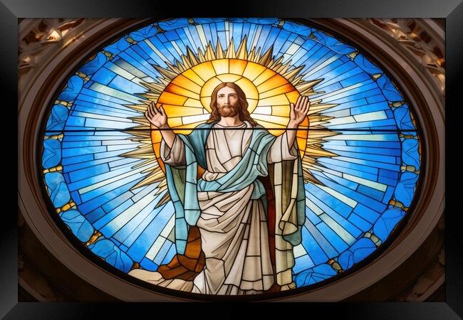 Stained glass of jesus christ savior of the world. Framed Print by Michael Piepgras