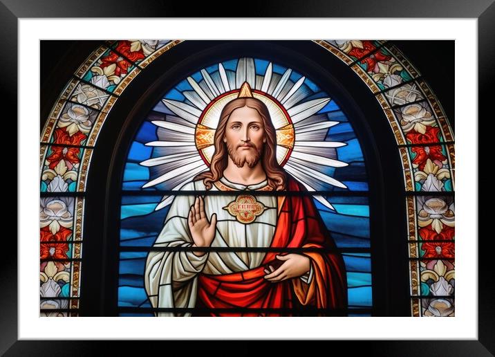 Stained glass of jesus christ savior of the world. Framed Mounted Print by Michael Piepgras