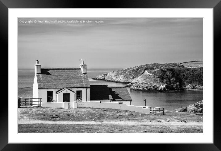 Cemaes Cottage with a Sea View Anglesey mono Framed Mounted Print by Pearl Bucknall