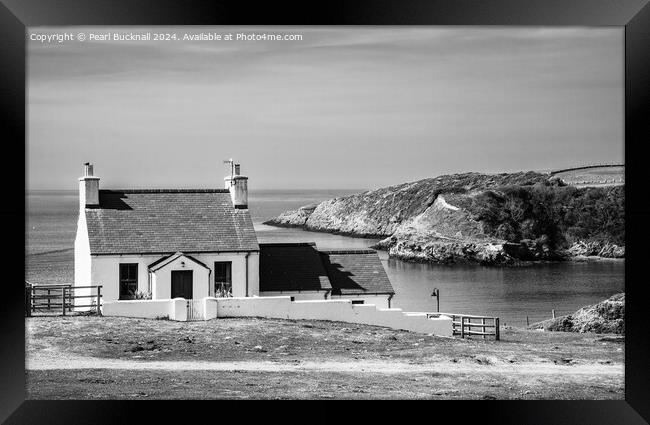 Cemaes Cottage with a Sea View Anglesey mono Framed Print by Pearl Bucknall