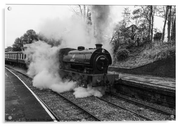 Steam train now leaving Llangollen Station in mono Acrylic by Clive Wells