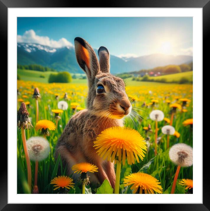 A hare in  a spring field with dandelions and spri Framed Mounted Print by kathy white