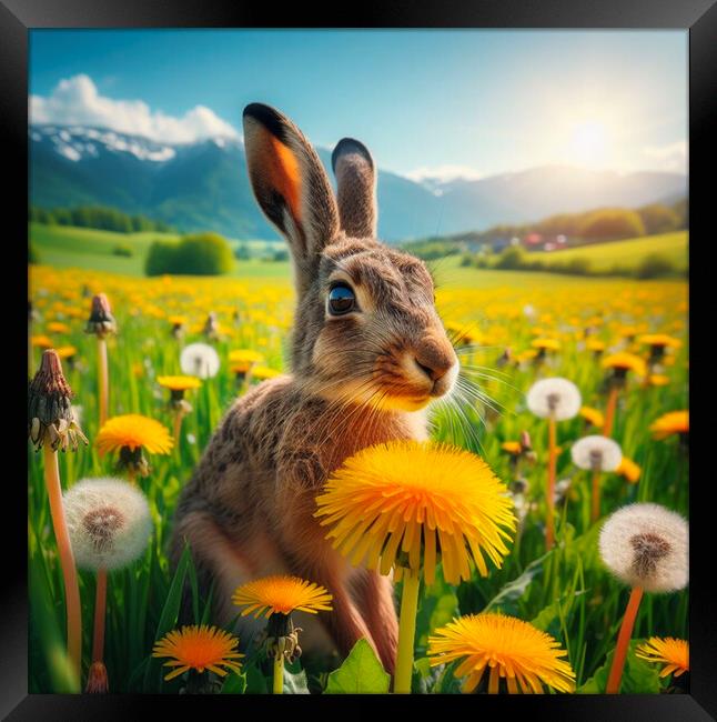 A hare in  a spring field with dandelions and spri Framed Print by kathy white