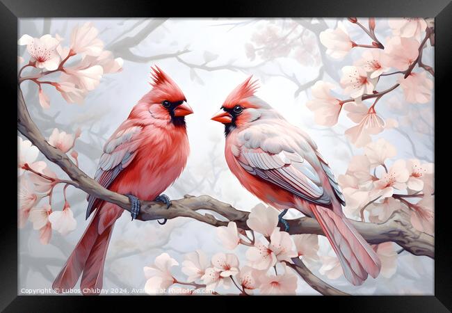 Pair of red birds Northern Cardinals in spring nature. Pastel color style in pink tones - Generative AI Framed Print by Lubos Chlubny