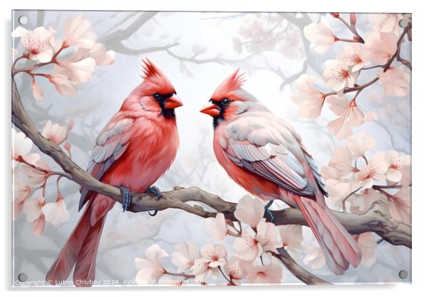 Pair of red birds Northern Cardinals in spring nature. Pastel color style in pink tones - Generative AI Acrylic by Lubos Chlubny