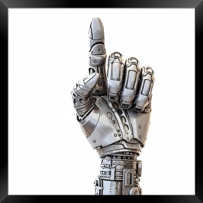 Robot hand giving finger up isolated on white background - generative AI Framed Print by Lubos Chlubny