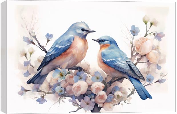 Pair of blue birds in spring nature. Pastel color style in blue tones - Generative AI Canvas Print by Lubos Chlubny