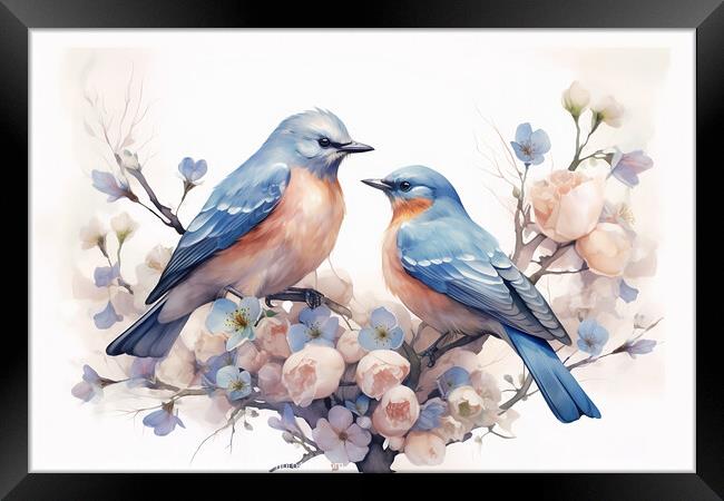 Pair of blue birds in spring nature. Pastel color style in blue tones - Generative AI Framed Print by Lubos Chlubny