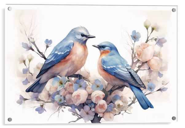 Pair of blue birds in spring nature. Pastel color style in blue tones - Generative AI Acrylic by Lubos Chlubny