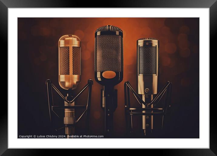 Retro microphone set on brown background - Generative AI Framed Mounted Print by Lubos Chlubny