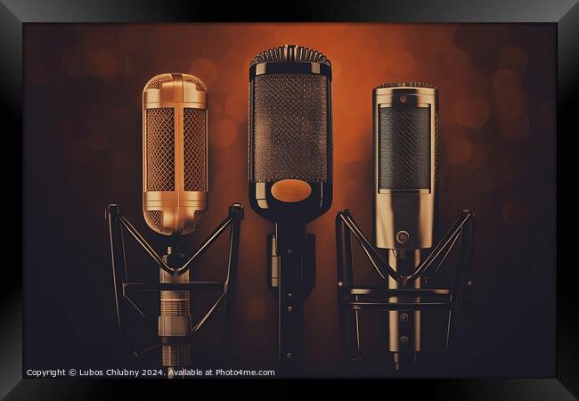 Retro microphone set on brown background - Generative AI Framed Print by Lubos Chlubny