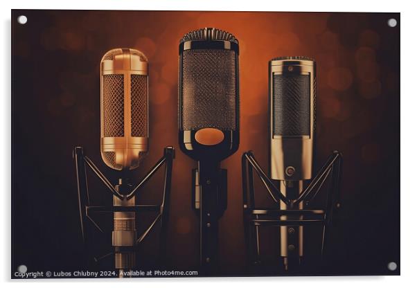 Retro microphone set on brown background - Generative AI Acrylic by Lubos Chlubny