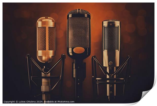 Retro microphone set on brown background - Generative AI Print by Lubos Chlubny
