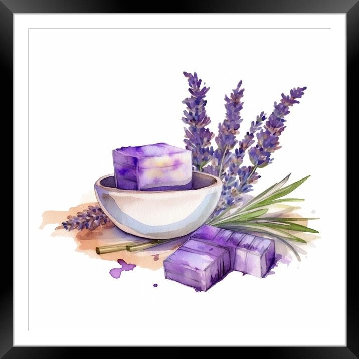 Watercolor illustration of lavender flowers and lavender soap in bowl - Generative AI Framed Mounted Print by Lubos Chlubny