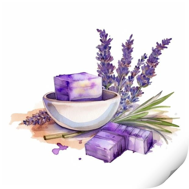 Watercolor illustration of lavender flowers and lavender soap in bowl - Generative AI Print by Lubos Chlubny