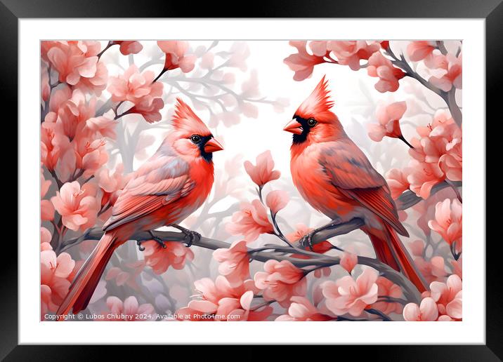 Pair of red birds Northern Cardinals in spring nature. Pastel color style in pink tones - Generative AI Framed Mounted Print by Lubos Chlubny