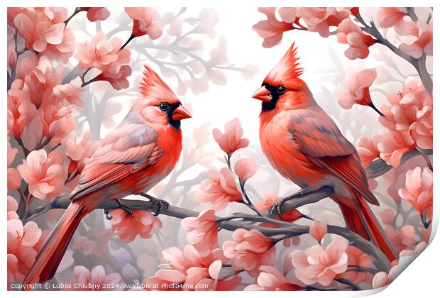 Pair of red birds Northern Cardinals in spring nature. Pastel color style in pink tones - Generative AI Print by Lubos Chlubny