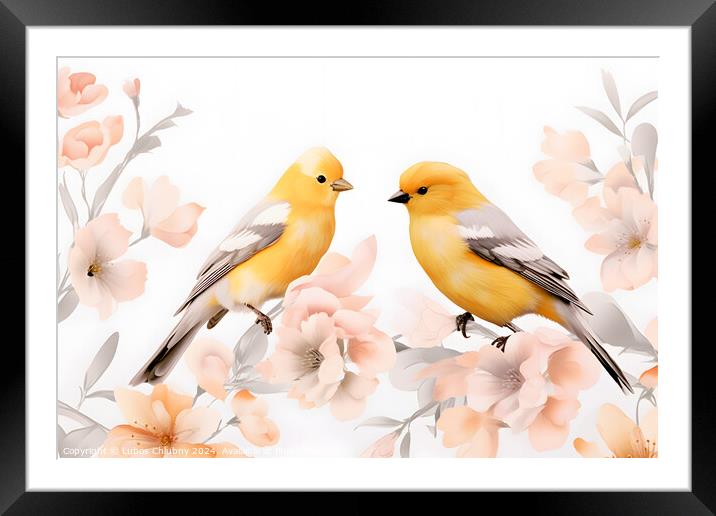 Pair of yellow birds in spring nature. Pastel color style in pink tones - Generative AI Framed Mounted Print by Lubos Chlubny