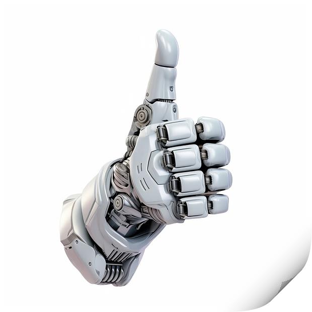 A robot hand giving thumbs up isolated on white background - Generative AI Print by Lubos Chlubny