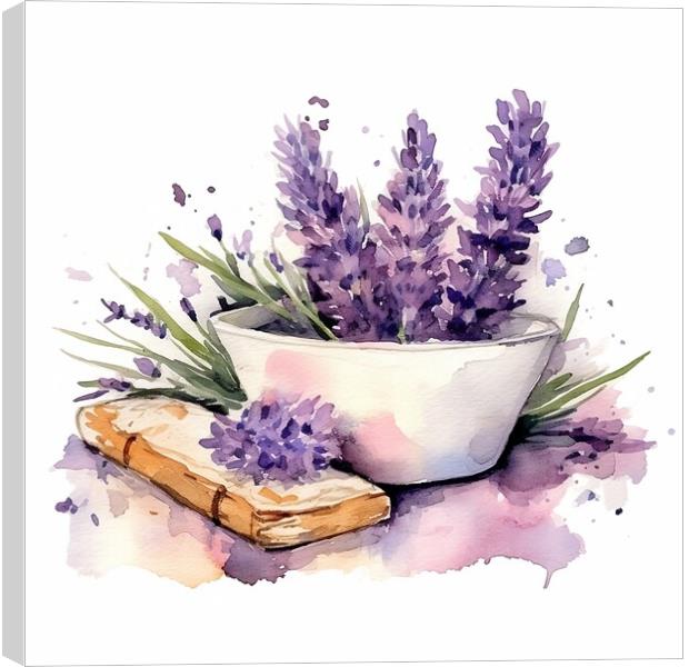 Watercolor illustration of lavender flowers and lavender soap - Generative AI Canvas Print by Lubos Chlubny