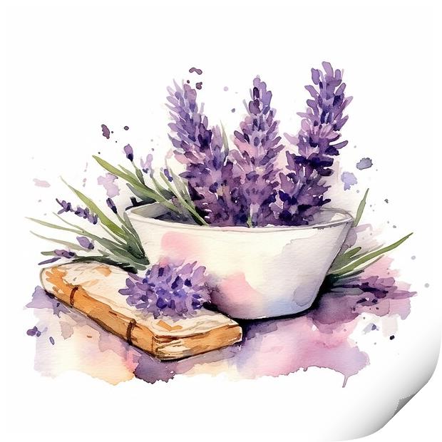Watercolor illustration of lavender flowers and lavender soap - Generative AI Print by Lubos Chlubny