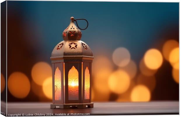 Ornamental Arabic lantern with burning candle glowing at night. Muslim holy month Ramadan Kareem. Generative AI Canvas Print by Lubos Chlubny
