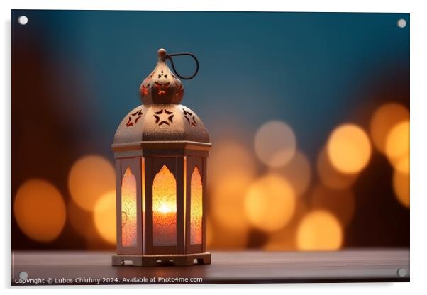 Ornamental Arabic lantern with burning candle glowing at night. Muslim holy month Ramadan Kareem. Generative AI Acrylic by Lubos Chlubny