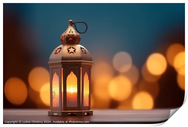 Ornamental Arabic lantern with burning candle glowing at night. Muslim holy month Ramadan Kareem. Generative AI Print by Lubos Chlubny
