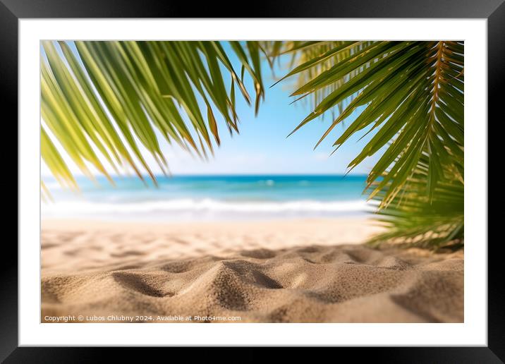 Tropical beach with palm leaves. Generative AI Framed Mounted Print by Lubos Chlubny