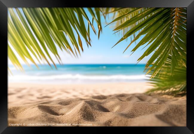 Tropical beach with palm leaves. Generative AI Framed Print by Lubos Chlubny