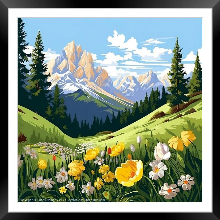 Spring in the mountains of the Italian Dolomites. Cartoon landscape with nature. Generative AI Framed Mounted Print by Lubos Chlubny