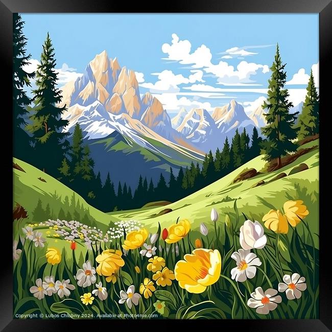 Spring in the mountains of the Italian Dolomites. Cartoon landscape with nature. Generative AI Framed Print by Lubos Chlubny
