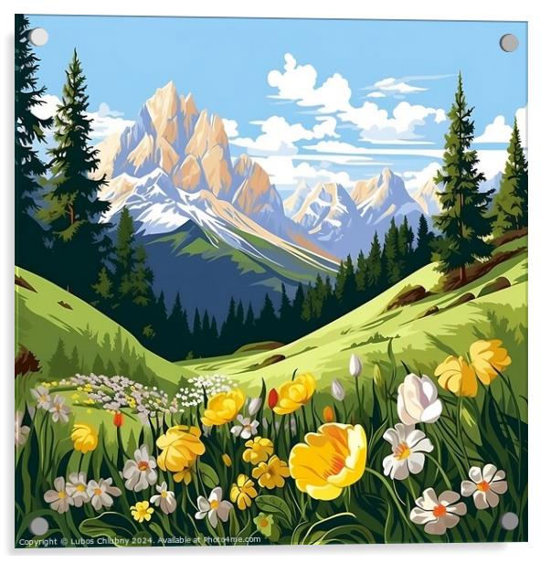 Spring in the mountains of the Italian Dolomites. Cartoon landscape with nature. Generative AI Acrylic by Lubos Chlubny