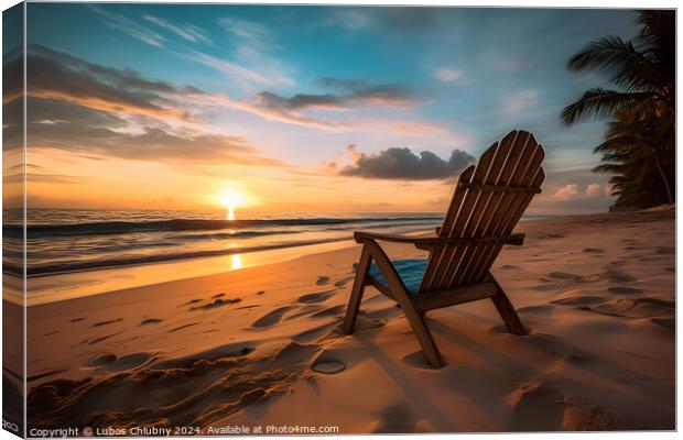 Beach chair on tropical beach at sunset. Generative AI Canvas Print by Lubos Chlubny