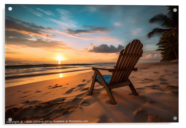 Beach chair on tropical beach at sunset. Generative AI Acrylic by Lubos Chlubny