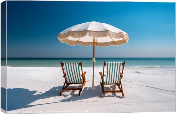 Beach chairs and umbrella on a white sandy beach. Generative AI Canvas Print by Lubos Chlubny