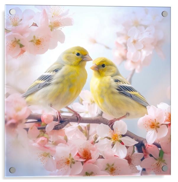Pair of yellow birds in spring nature. Pastel color style in pink tones - Generative AI Acrylic by Lubos Chlubny