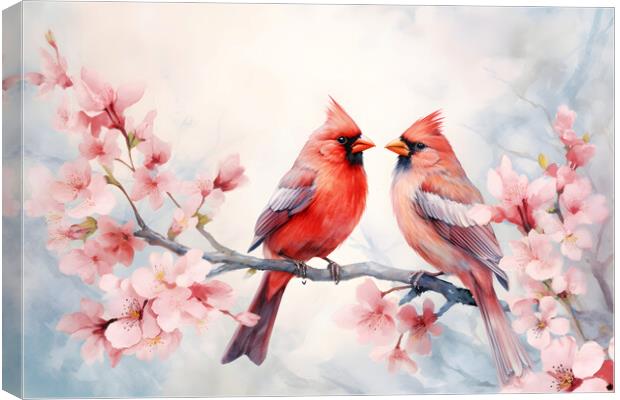 Pair of red birds Northern Cardinals in spring nature. Pastel color style in pink tones - Generative AI Canvas Print by Lubos Chlubny