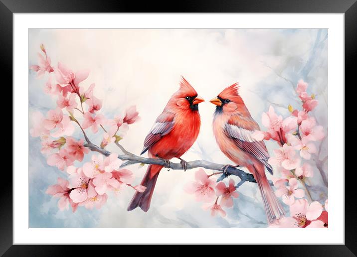 Pair of red birds Northern Cardinals in spring nature. Pastel color style in pink tones - Generative AI Framed Mounted Print by Lubos Chlubny