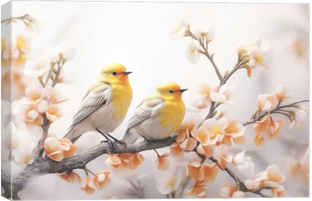Pair of yellow birds in spring nature. Pastel color style in pink tones - Generative AI Canvas Print by Lubos Chlubny