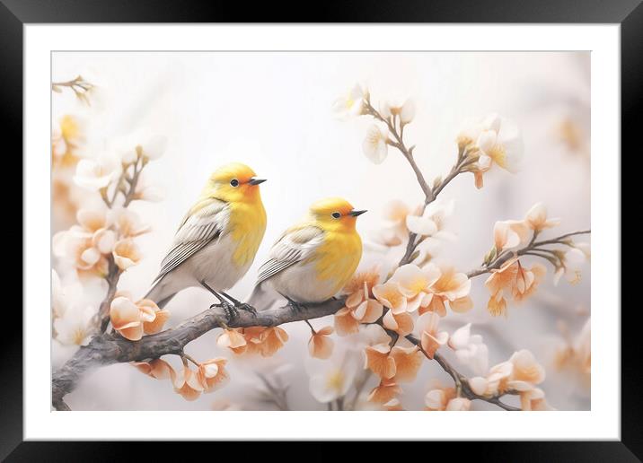Pair of yellow birds in spring nature. Pastel color style in pink tones - Generative AI Framed Mounted Print by Lubos Chlubny