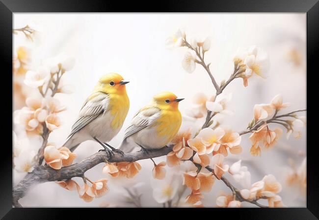 Pair of yellow birds in spring nature. Pastel color style in pink tones - Generative AI Framed Print by Lubos Chlubny