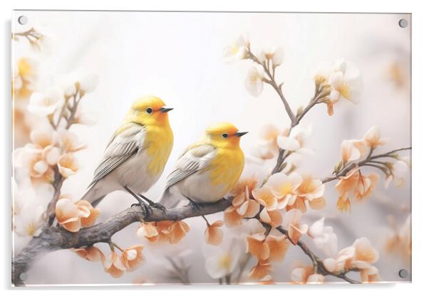Pair of yellow birds in spring nature. Pastel color style in pink tones - Generative AI Acrylic by Lubos Chlubny