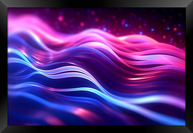 Abstract futuristic background with pink blue glowing neon moving wave lines and bokeh lights. Generative AI Framed Print by Lubos Chlubny
