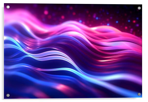 Abstract futuristic background with pink blue glowing neon moving wave lines and bokeh lights. Generative AI Acrylic by Lubos Chlubny