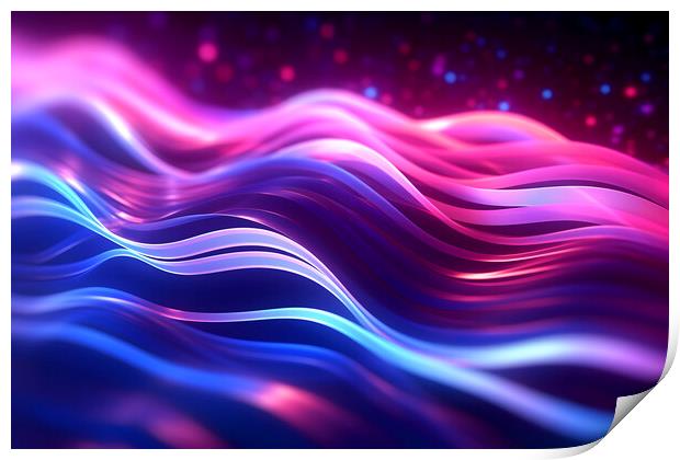 Abstract futuristic background with pink blue glowing neon moving wave lines and bokeh lights. Generative AI Print by Lubos Chlubny