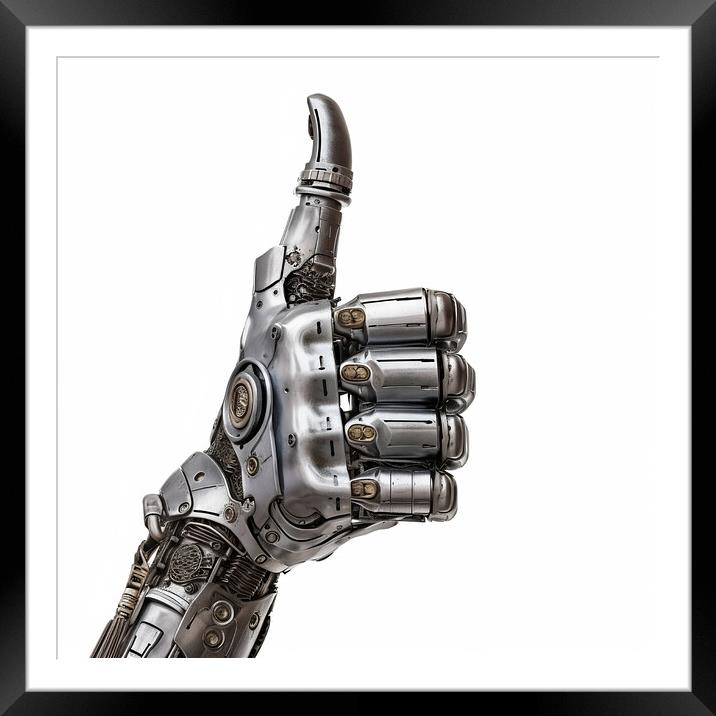 A robot hand giving thumbs up isolated on white background - Generative AI Framed Mounted Print by Lubos Chlubny