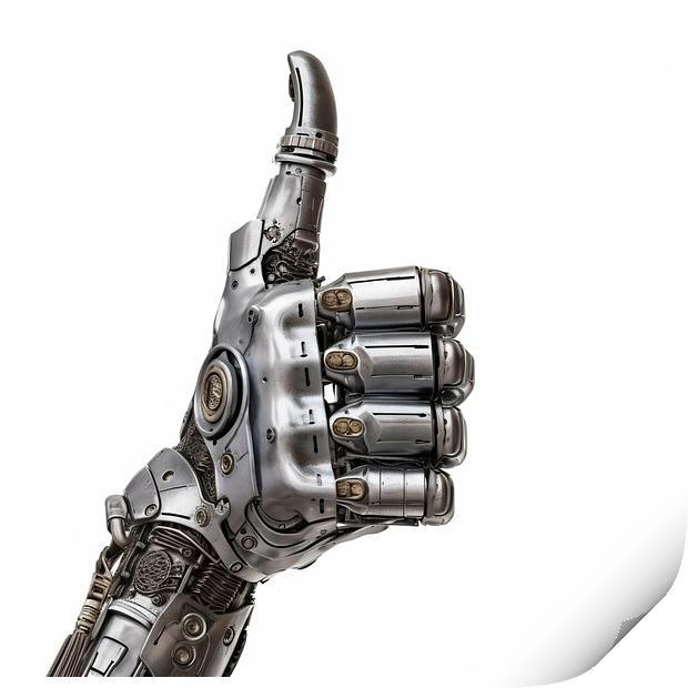 A robot hand giving thumbs up isolated on white background - Generative AI Print by Lubos Chlubny